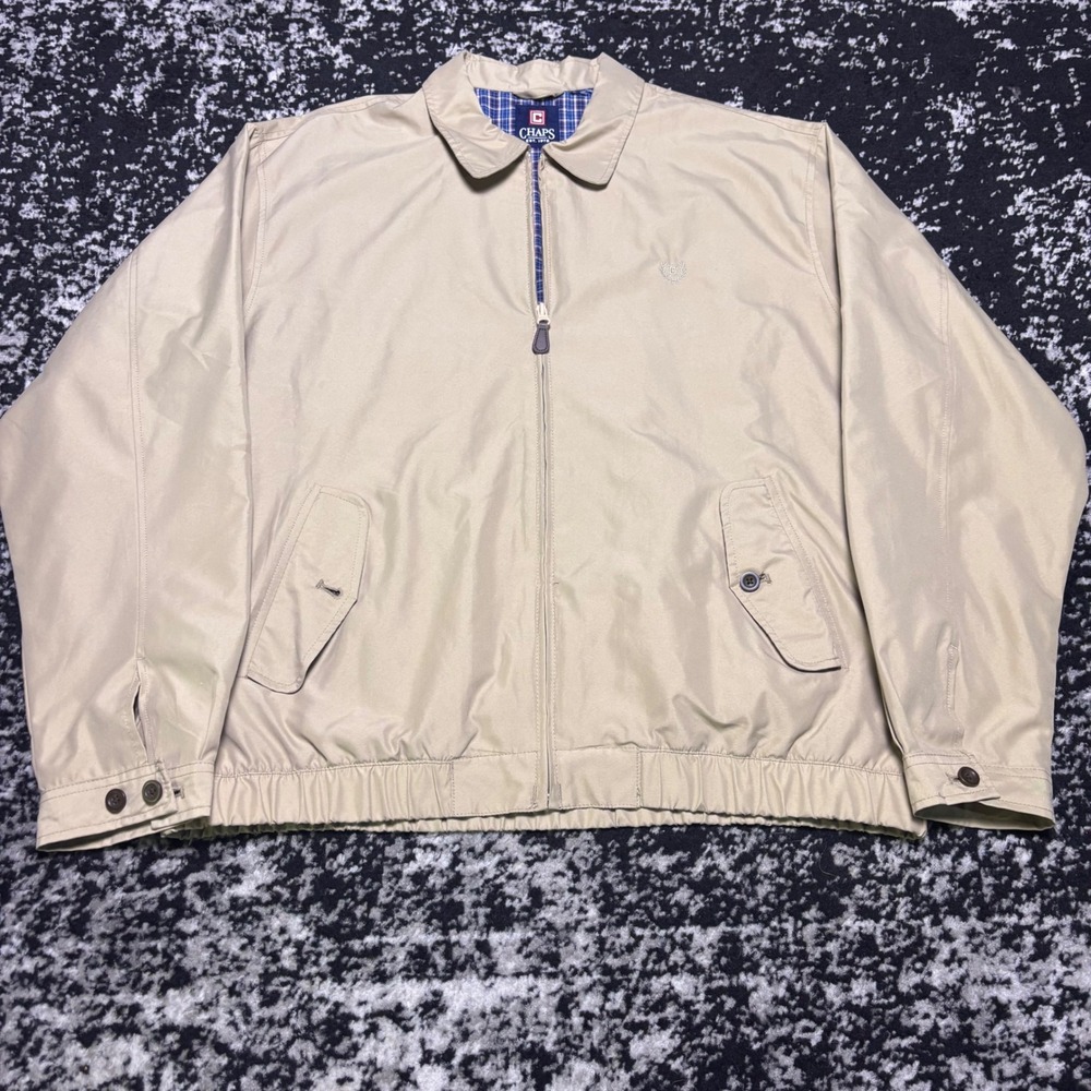 Chaps Mens Harrington Jacket Tan Khaki Plaid Lined Full Zip Windbreaker XL